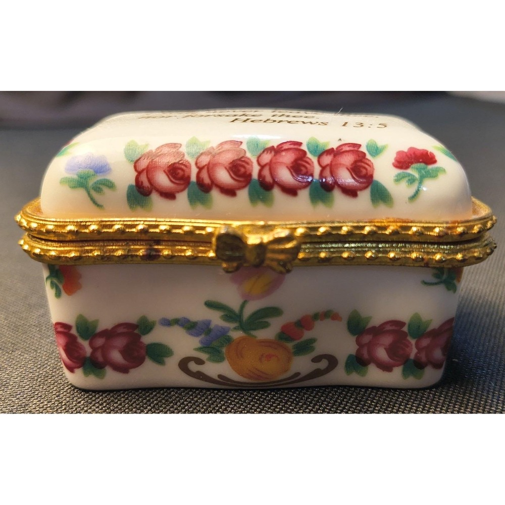 Rectangle Trinket Box,‎ 2.25 x 1.25 x 1.5, White Floral, Hebrews 13:5 Painted on